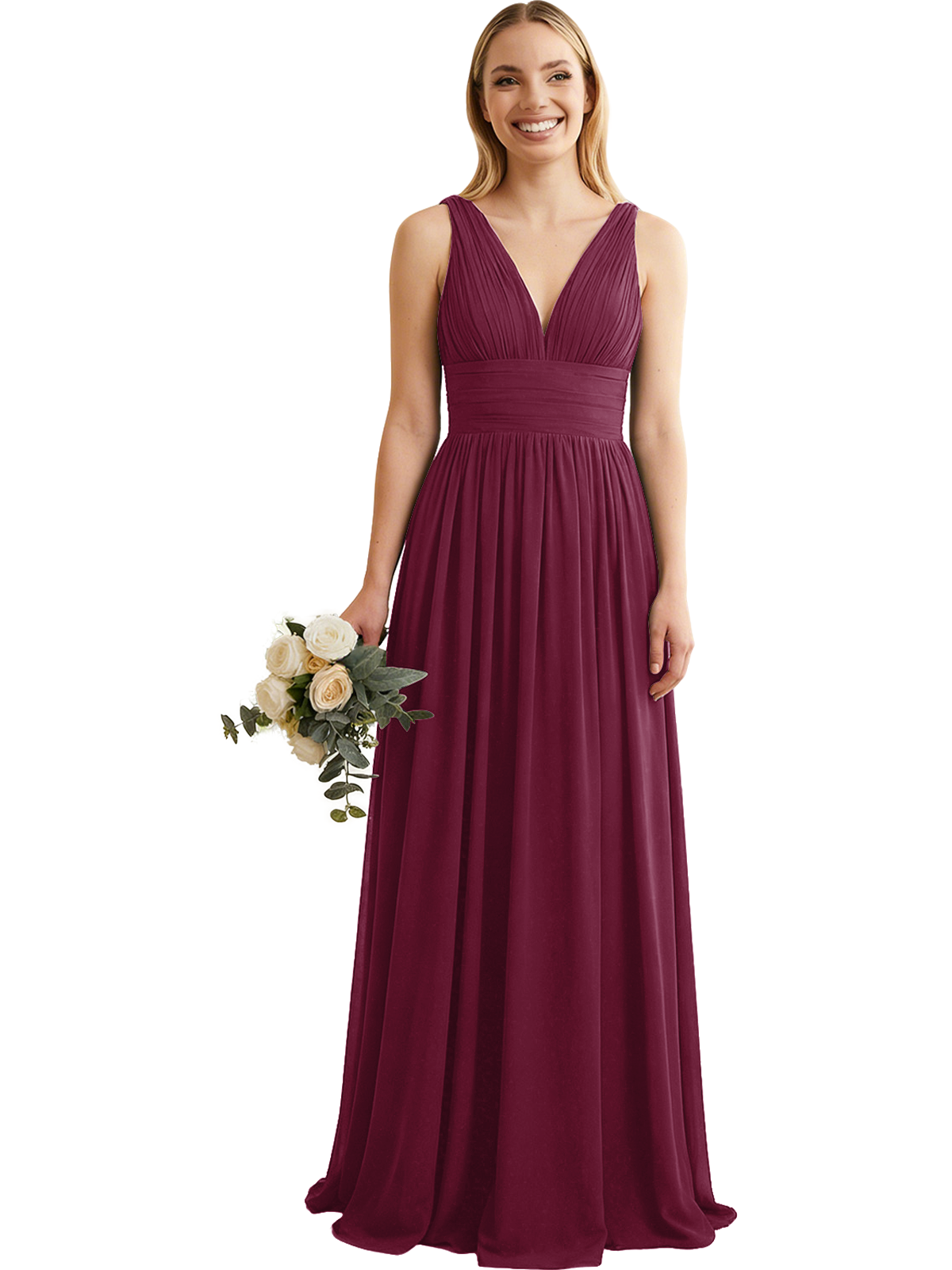 Deep V-Neck Chiffon Bridesmaid Dress with Pleated Waist