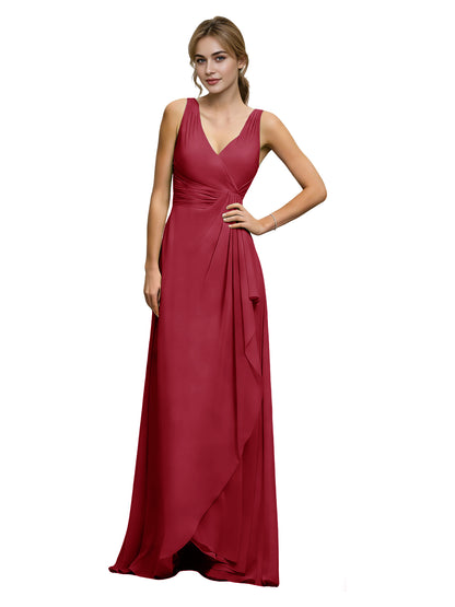 Halter V-Neck Chiffon Bridesmaid Dress with Draped Sash Waist