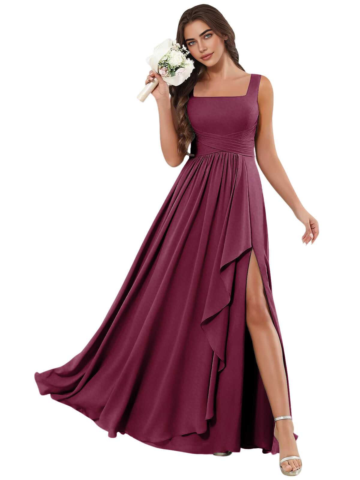 Square Neck Chiffon Bridesmaid Dress with Corset Back and Slit