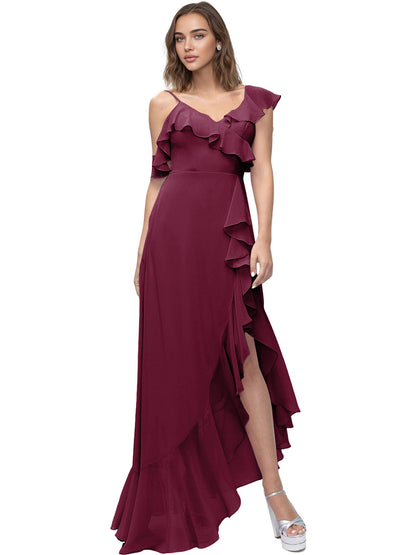 Asymmetrical Ruffle Chiffon Bridesmaid Dress with High Low Slit