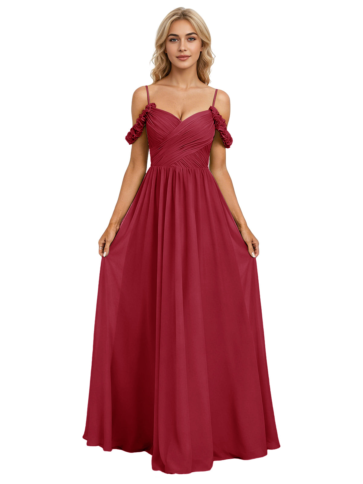 Off Shoulder Lace Applique Bridesmaid Dress with Flowing Chiffon dress