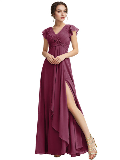 Cap Sleeve Chiffon Bridesmaid Dress with Ruffle V-Neck and Slit