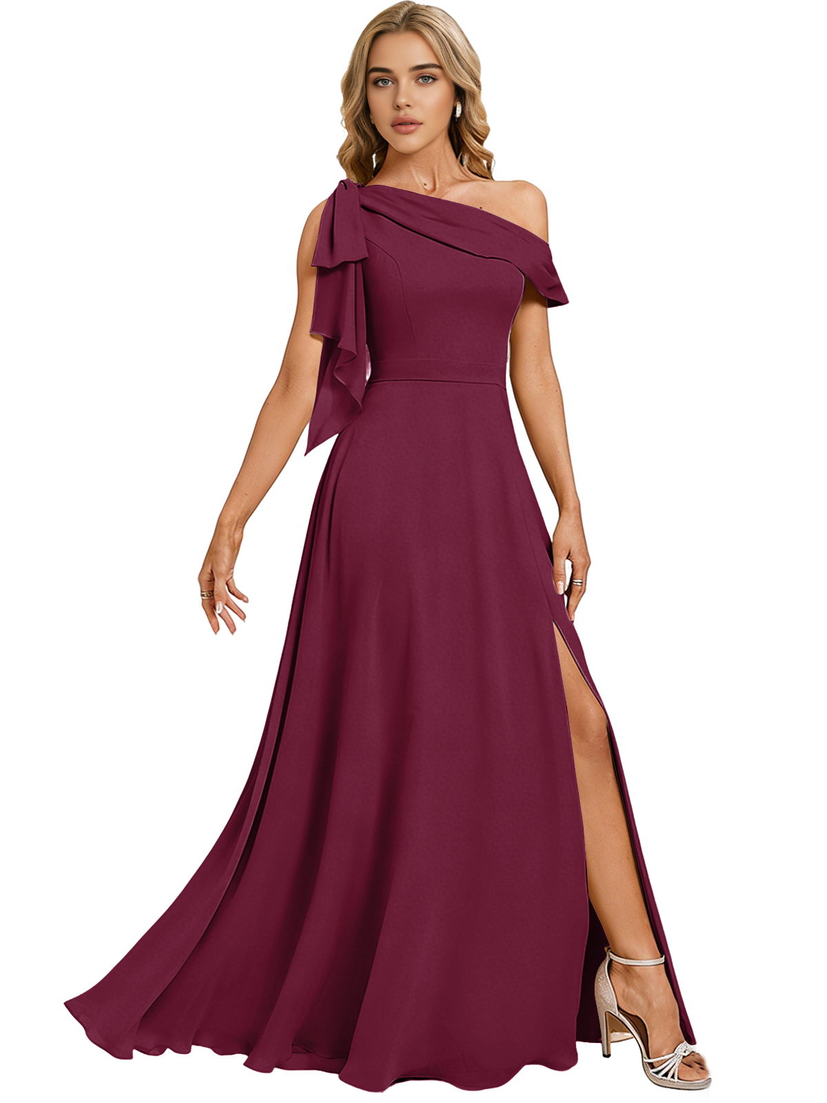 Asymmetric Off Shoulder Bridesmaid Dress with Draped Sleeve and Slit