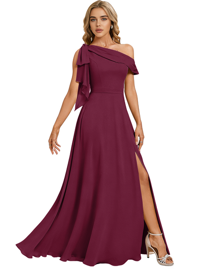 Asymmetric Off Shoulder Bridesmaid Dress with Draped Sleeve and Slit