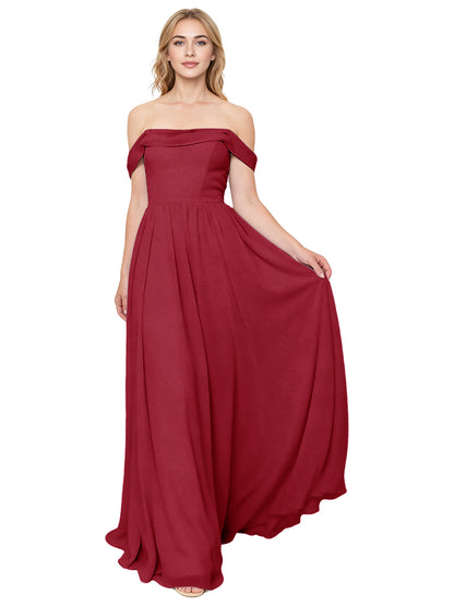 Off Shoulder Pleated Chiffon Bridesmaid Dress with Flowing A-Line Dress