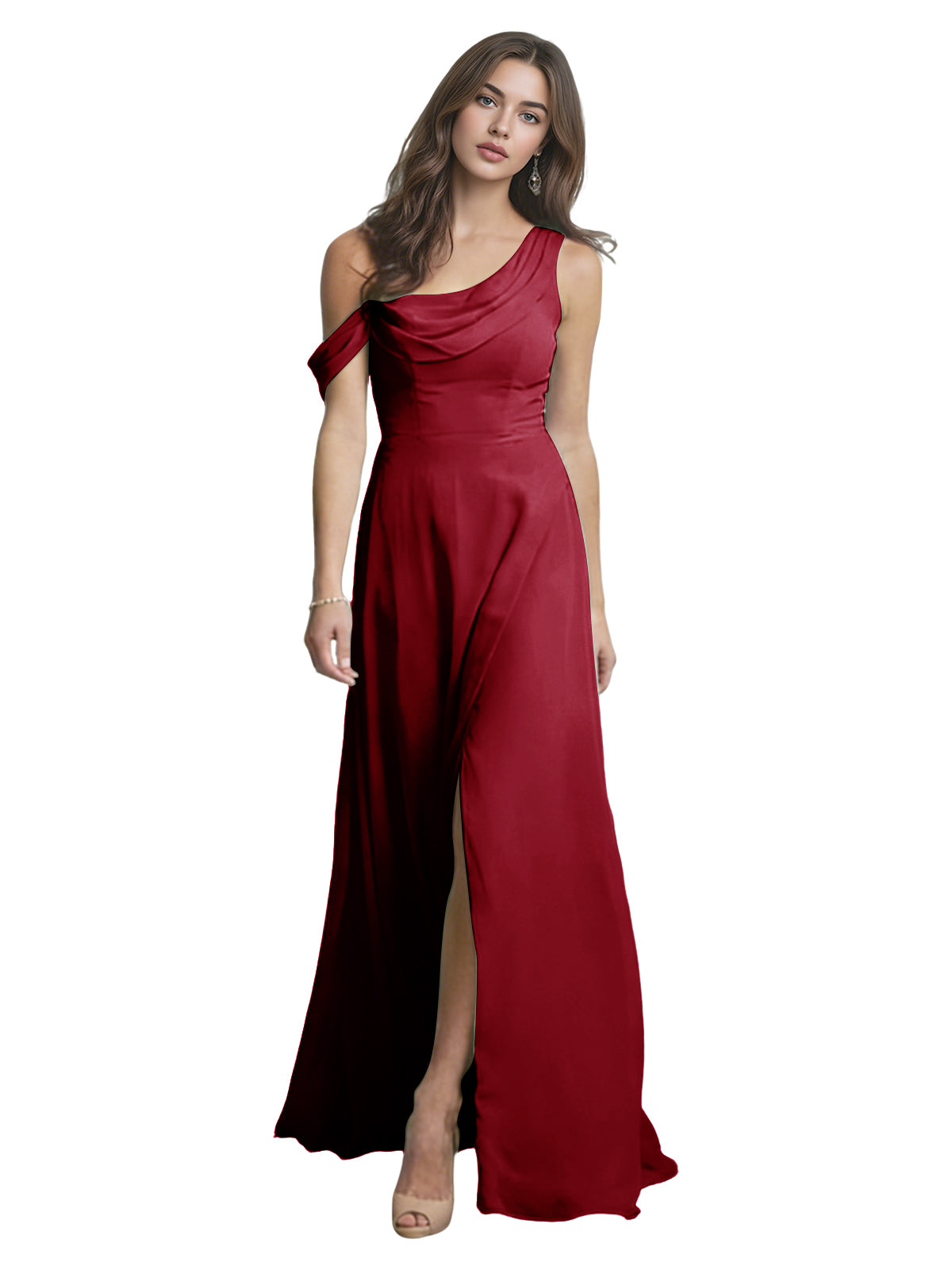 One Shoulder Satin Bridesmaid Dress with Draped Neckline and Slit