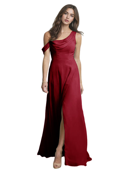 One Shoulder Satin Bridesmaid Dress with Draped Neckline and Slit