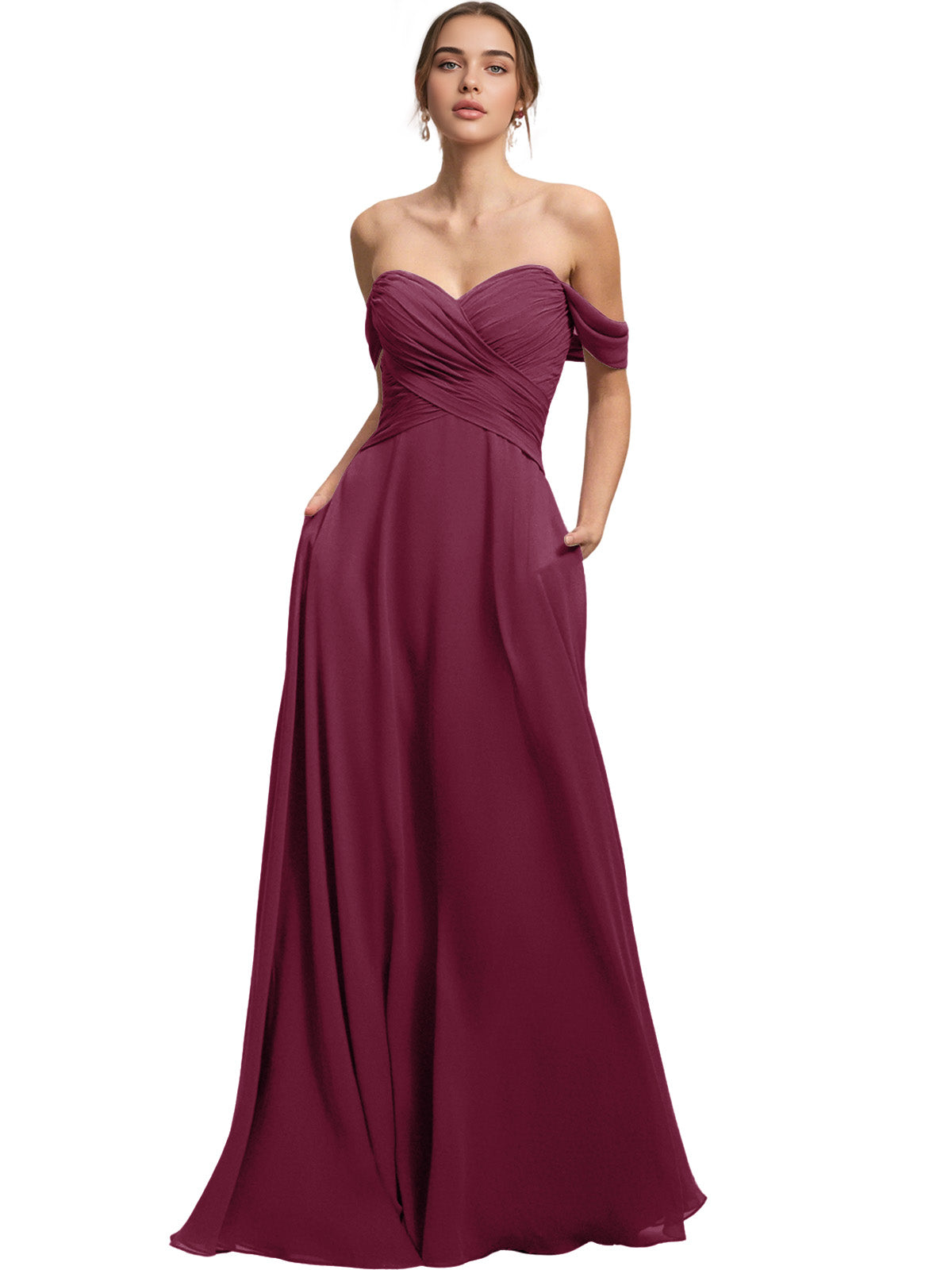 Off Shoulder Chiffon Bridesmaid Dress with Draped Bodice and A-Line Dress