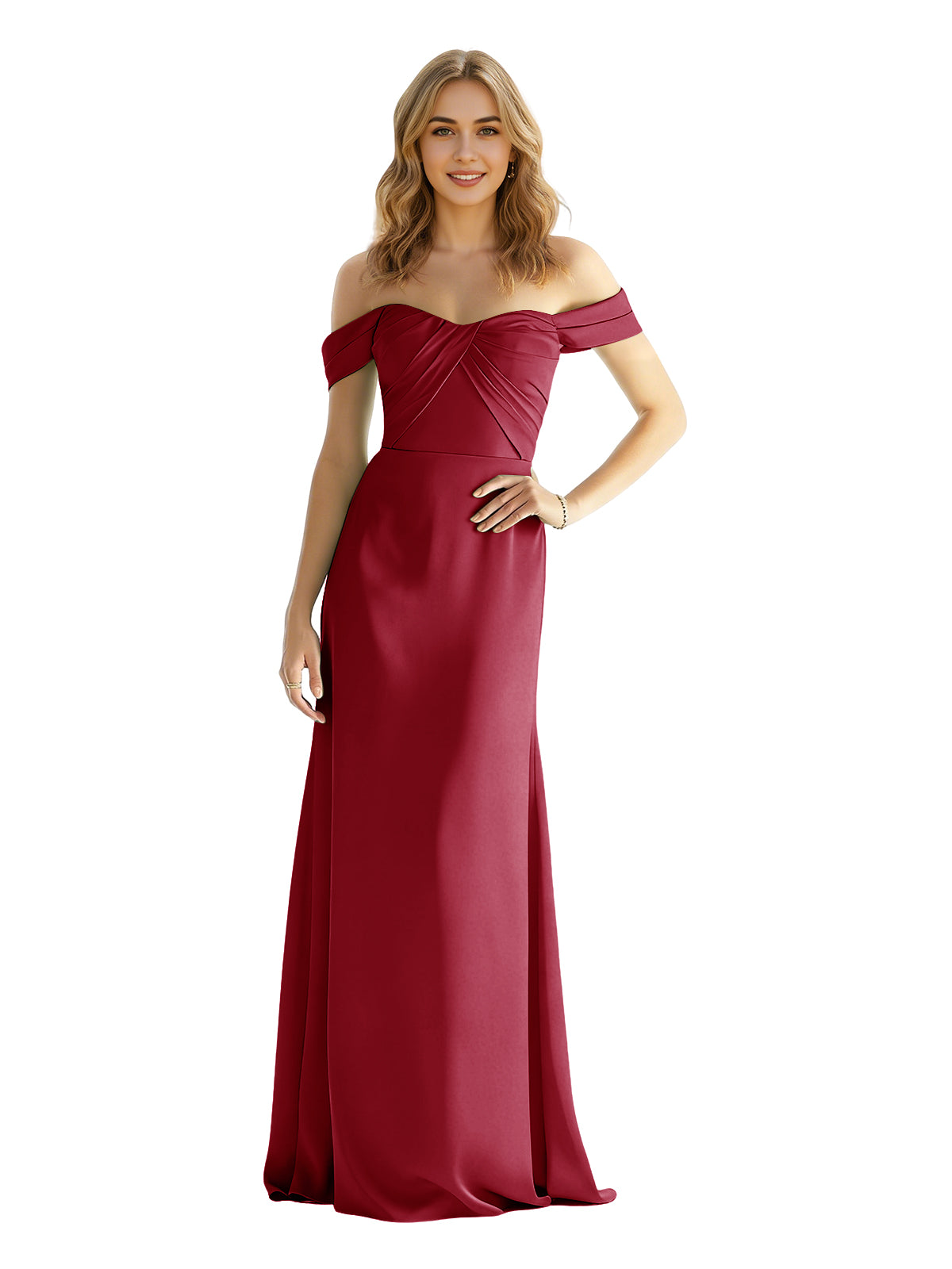 Sweetheart Off Shoulder Satin Bridesmaid Dress with Wrapped Bodice