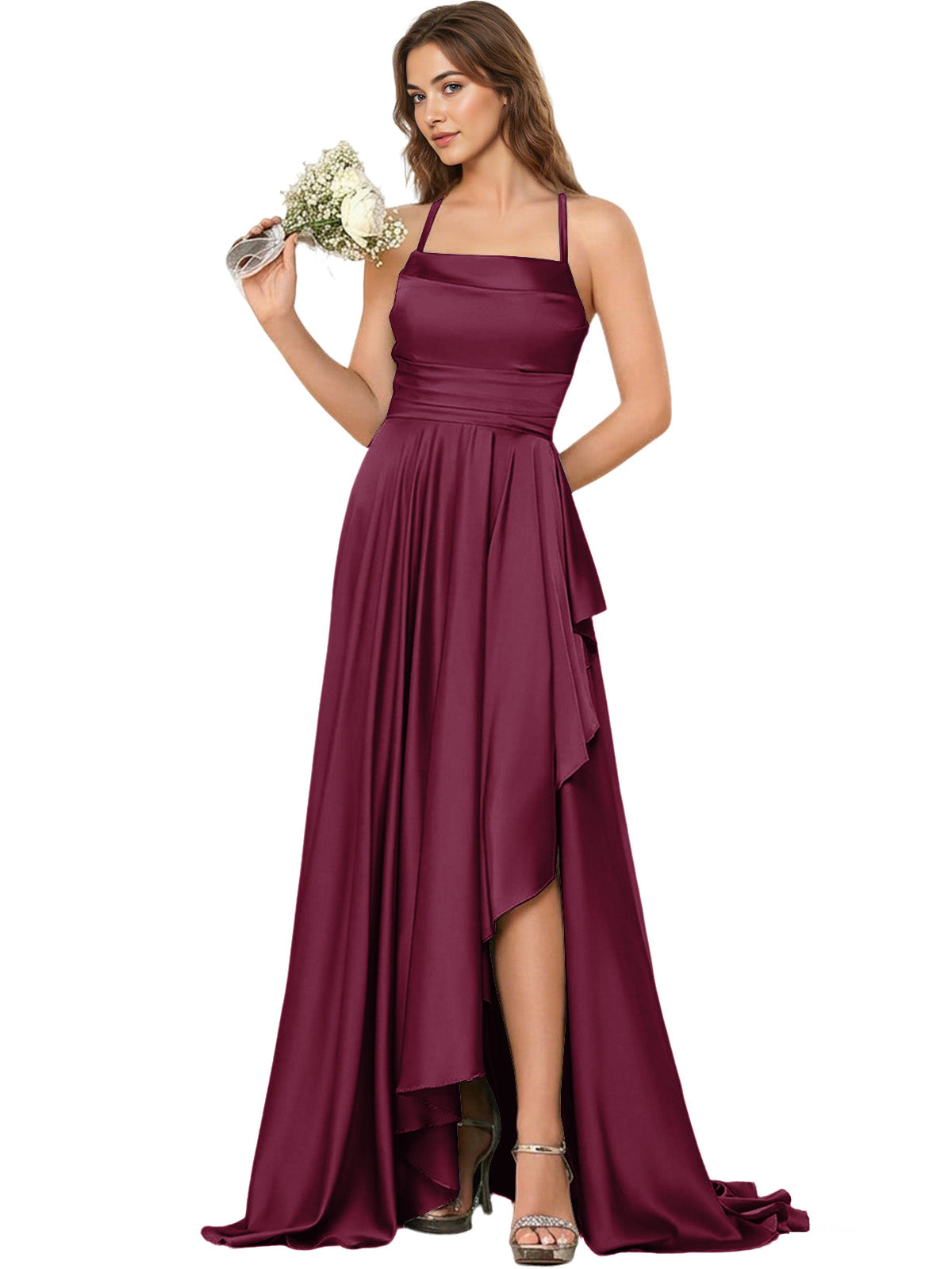 Open Back Halter Bridesmaid Dress with High Low Overlay dress