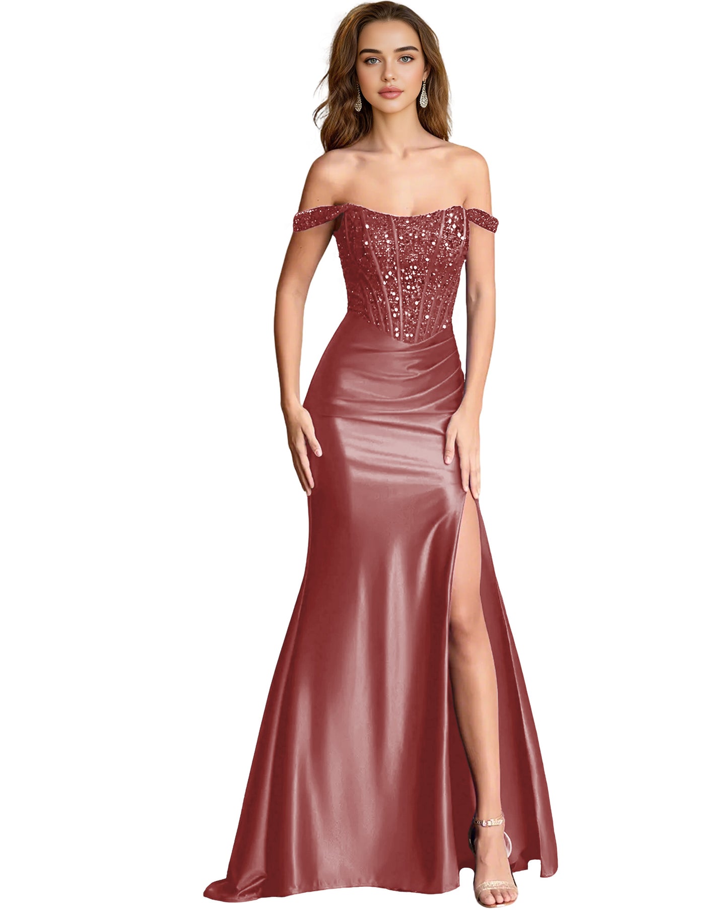 Off Shoulder Sequin Satin Mermaid Dress with Draped dress Slit
