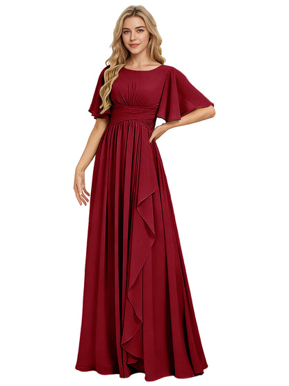 Flutter Sleeve Chiffon Bridesmaid Dress with Tiered Front Ruffle