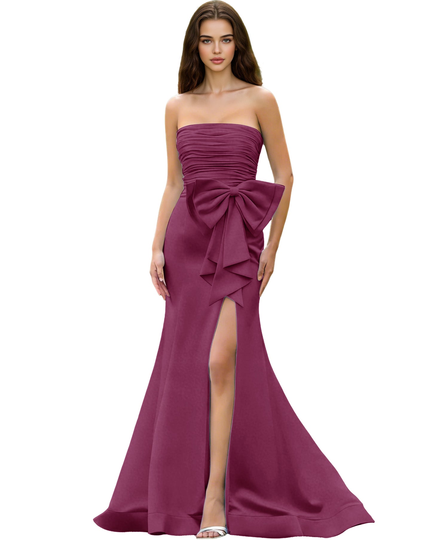 Strapless Bow Detail Satin Prom Dress with Ruched Bodice and Slit