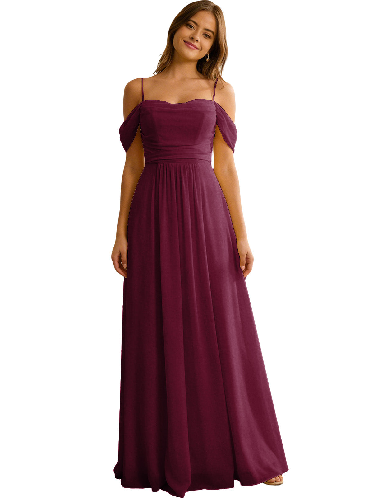 Off Shoulder Chiffon Bridesmaid Dress with Soft Pleated Bodice