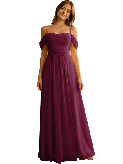 Off Shoulder Chiffon Bridesmaid Dress with Soft Pleated Bodice