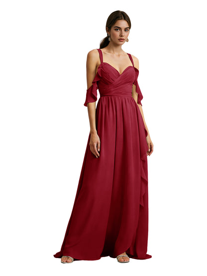 Cold Shoulder Chiffon Bridesmaid Dress with Draped V-Neck Bodice