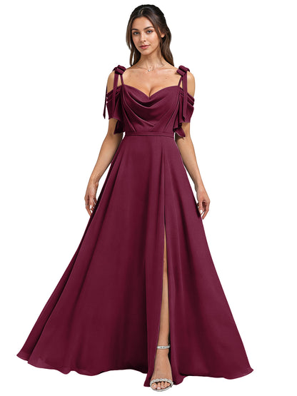 Cowl Neck Cold Shoulder Bridesmaid Dress with High Slit Chiffon Dress