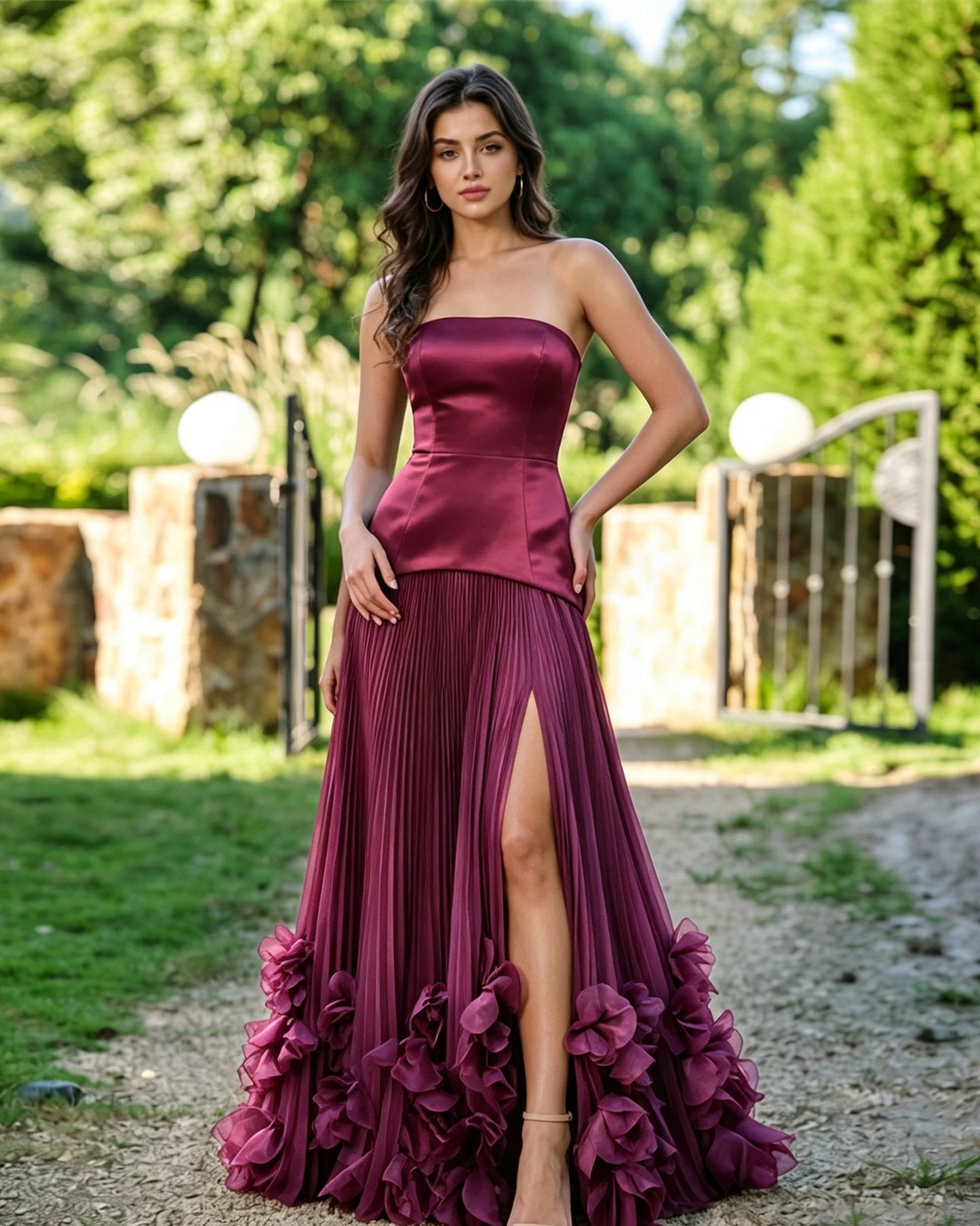 Strapless Floral Hem Formal Dress with Pleated Slit dress