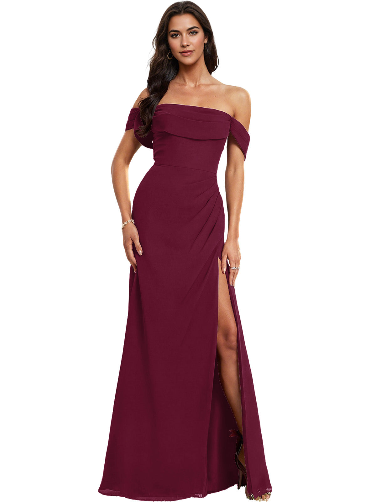 Off Shoulder Crepe Bridesmaid Dress with Foldover Neckline and Slit