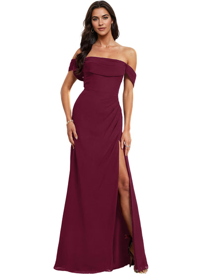 Off Shoulder Crepe Bridesmaid Dress with Foldover Neckline and Slit