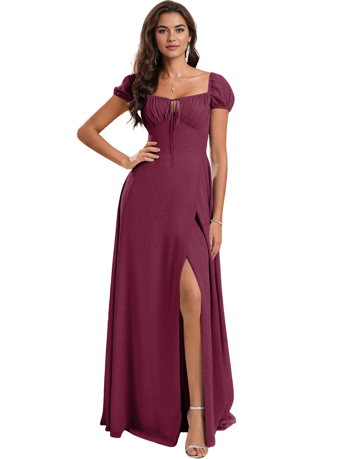 Ruched Short Sleeve Chiffon Bridesmaid Dress with Side Slit
