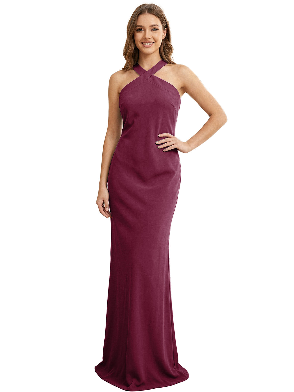 High Neck Halter Bridesmaid Dress with Sleek Column Silhouette