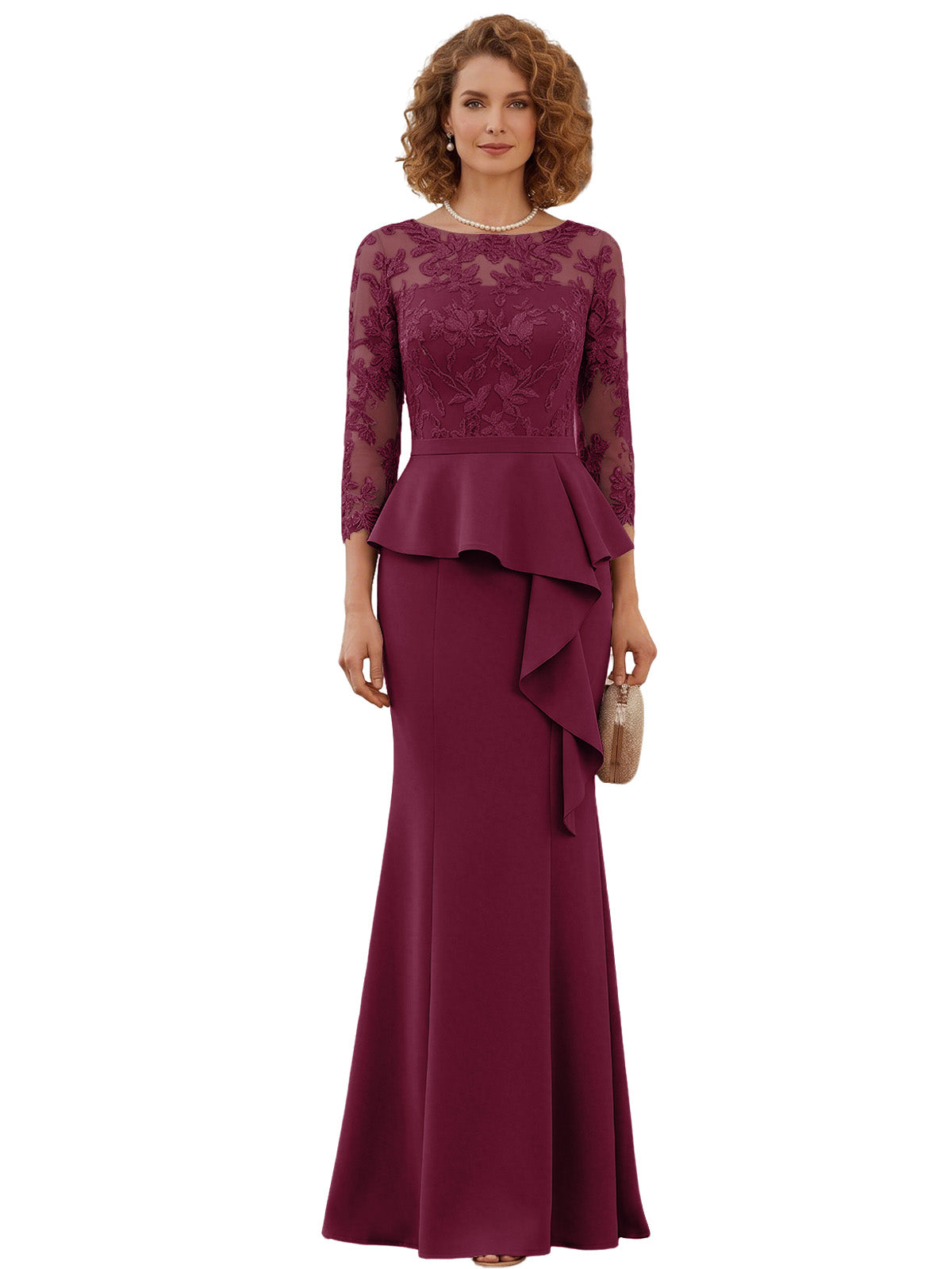 Long Mother of the Bride Dress Lace Illusion Bodice Peplum Mermaid Formal Evening Gown