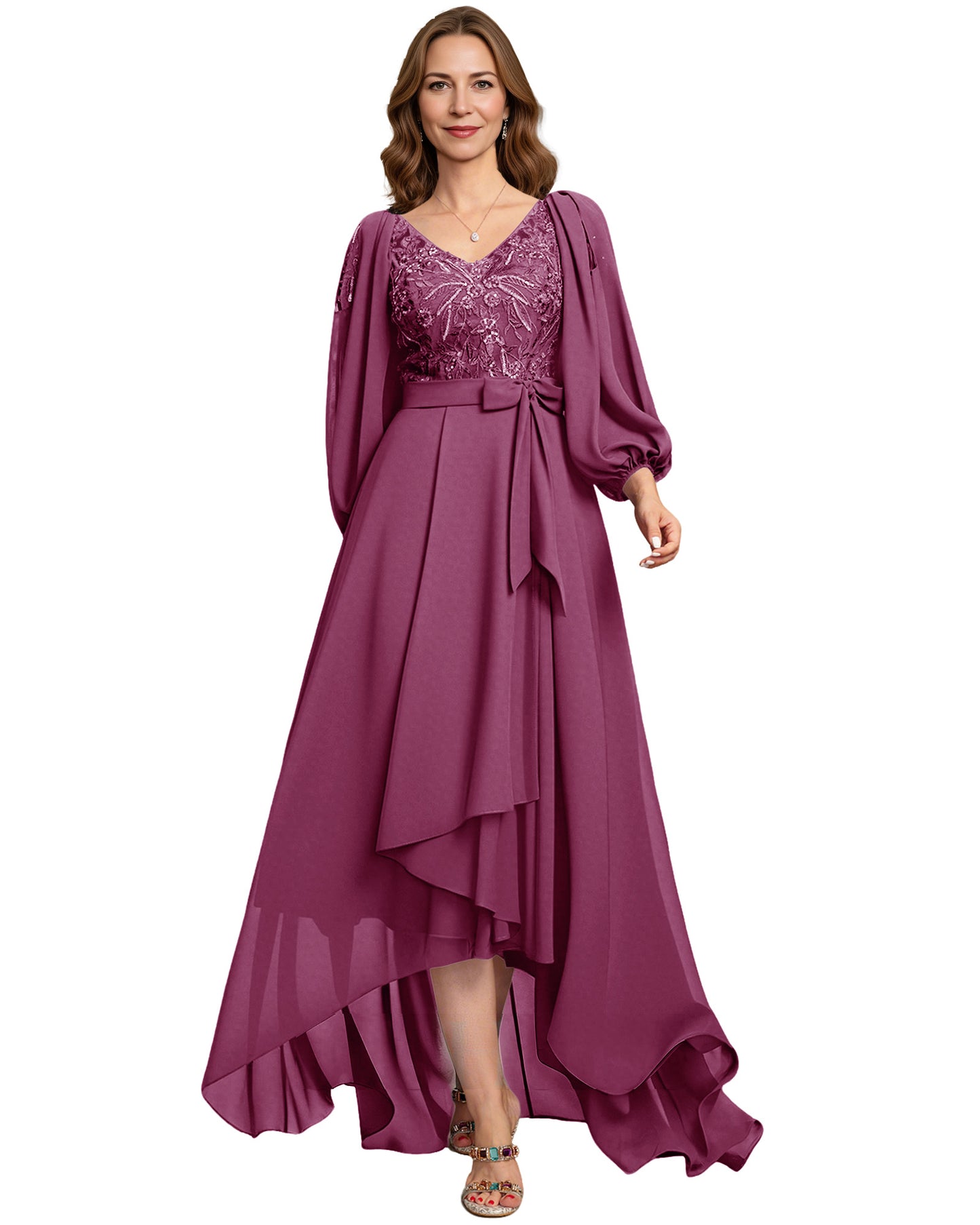 High Low Mother of the Bride Dress Lace Bodice Chiffon Jacket Formal Wedding Gown