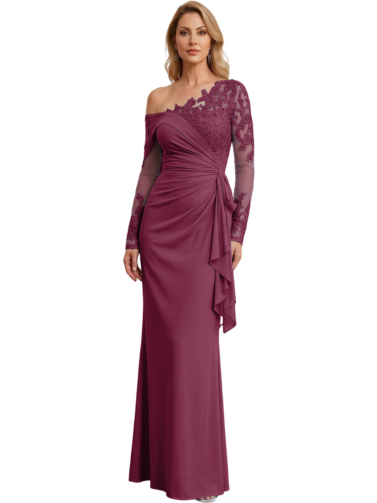 One Shoulder Mother of the Bride Gown Long Lace Sleeve Mermaid Dress with Draped Ruffle