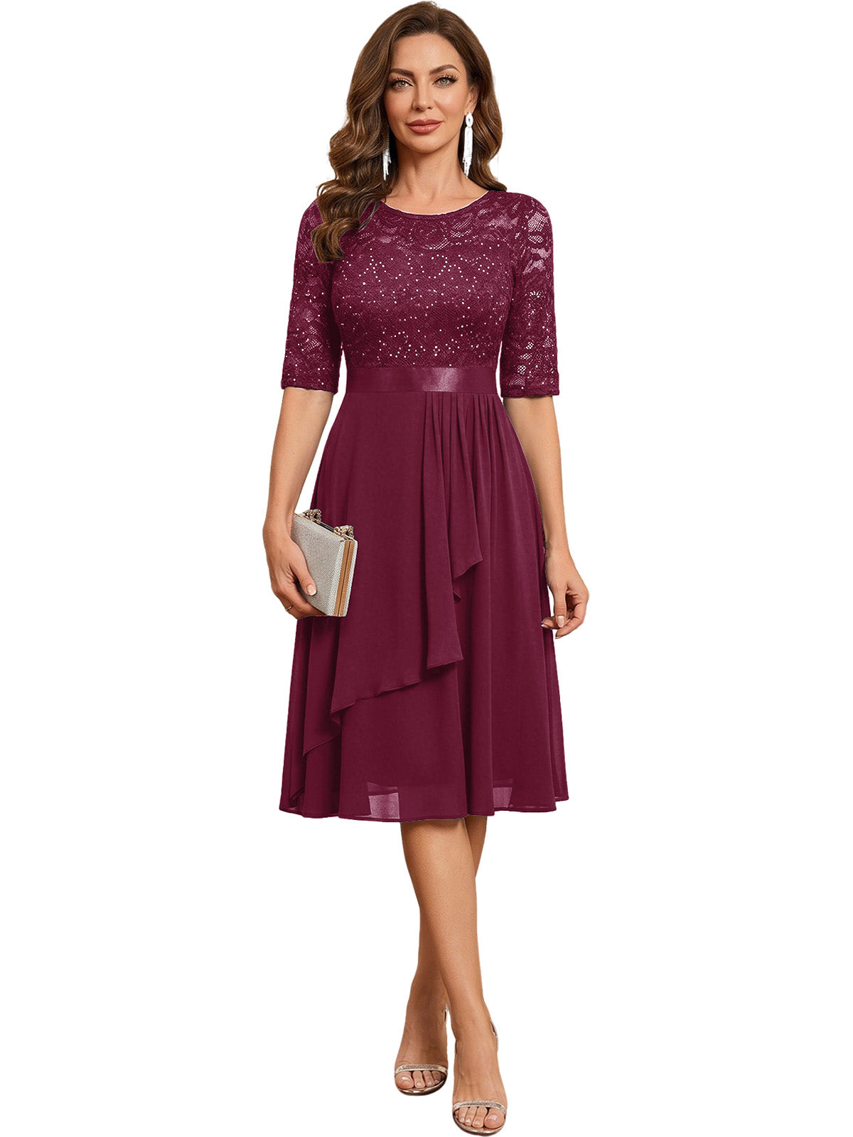 Knee Length Mother of the Bride Dress Sequined Lace Bodice Chiffon Skirt Formal Guest Outfit