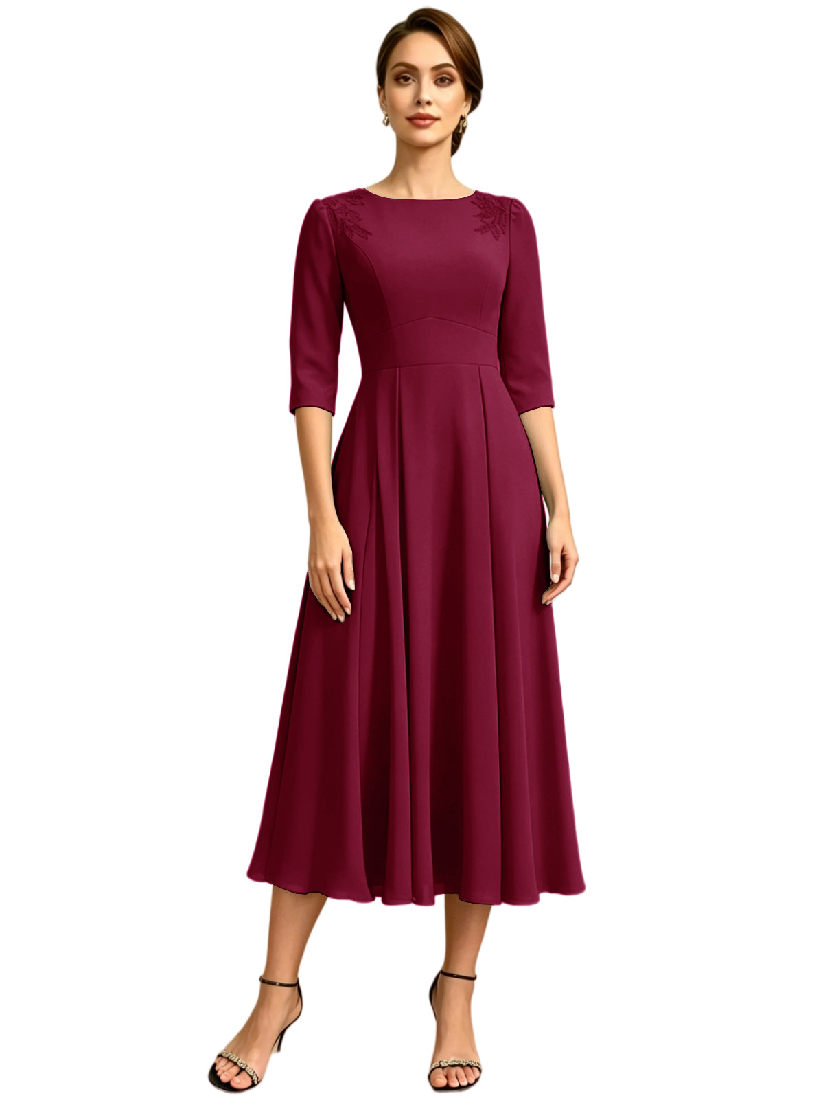 Tea Length Mother of the Bride Dress Jewel Neck Chiffon A-Line Formal Gown with Embroidery