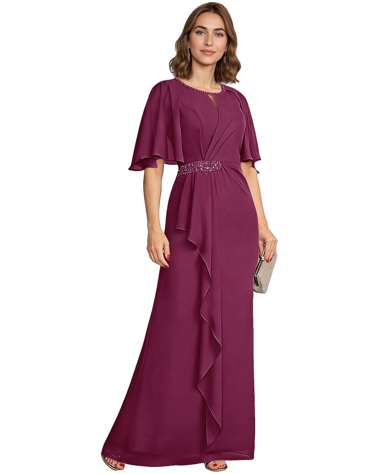 Long Mother of the Bride Dress Chiffon Flutter Sleeve Beaded Waist Formal A-Line Gown