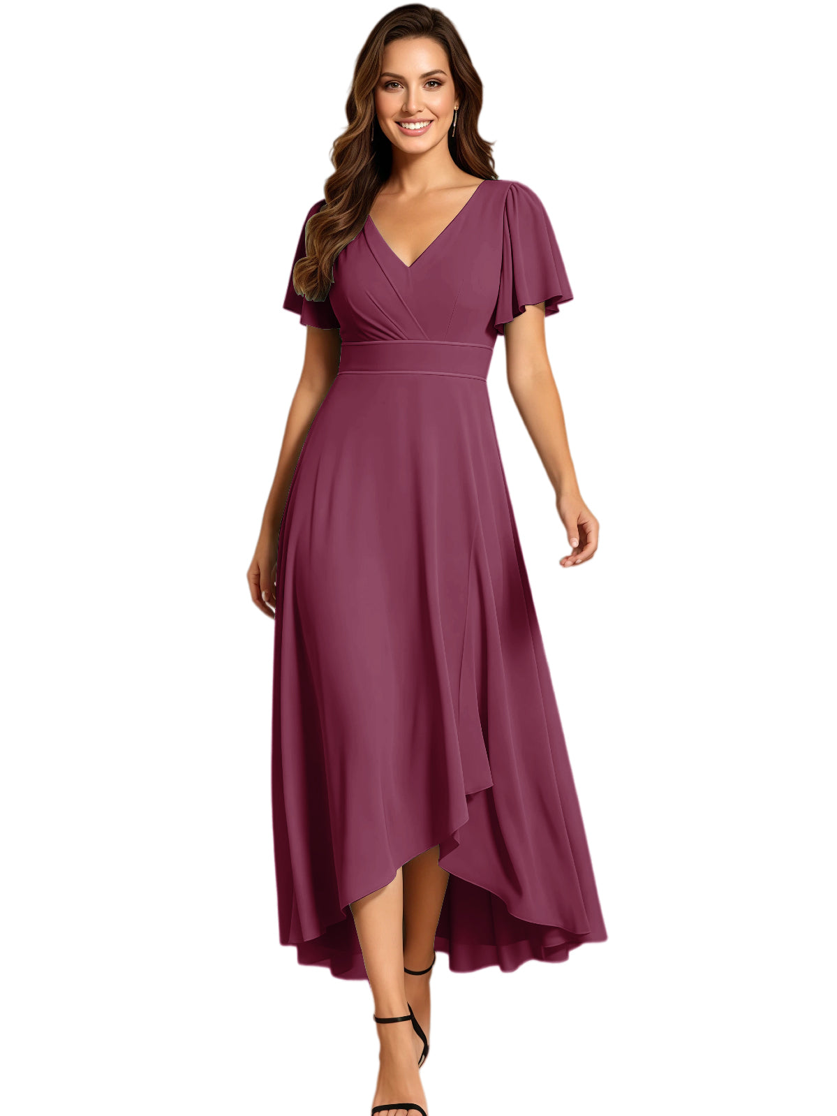 High Low Mother of the Bride Dress V-Neck Flutter Sleeve Chiffon Formal Gown