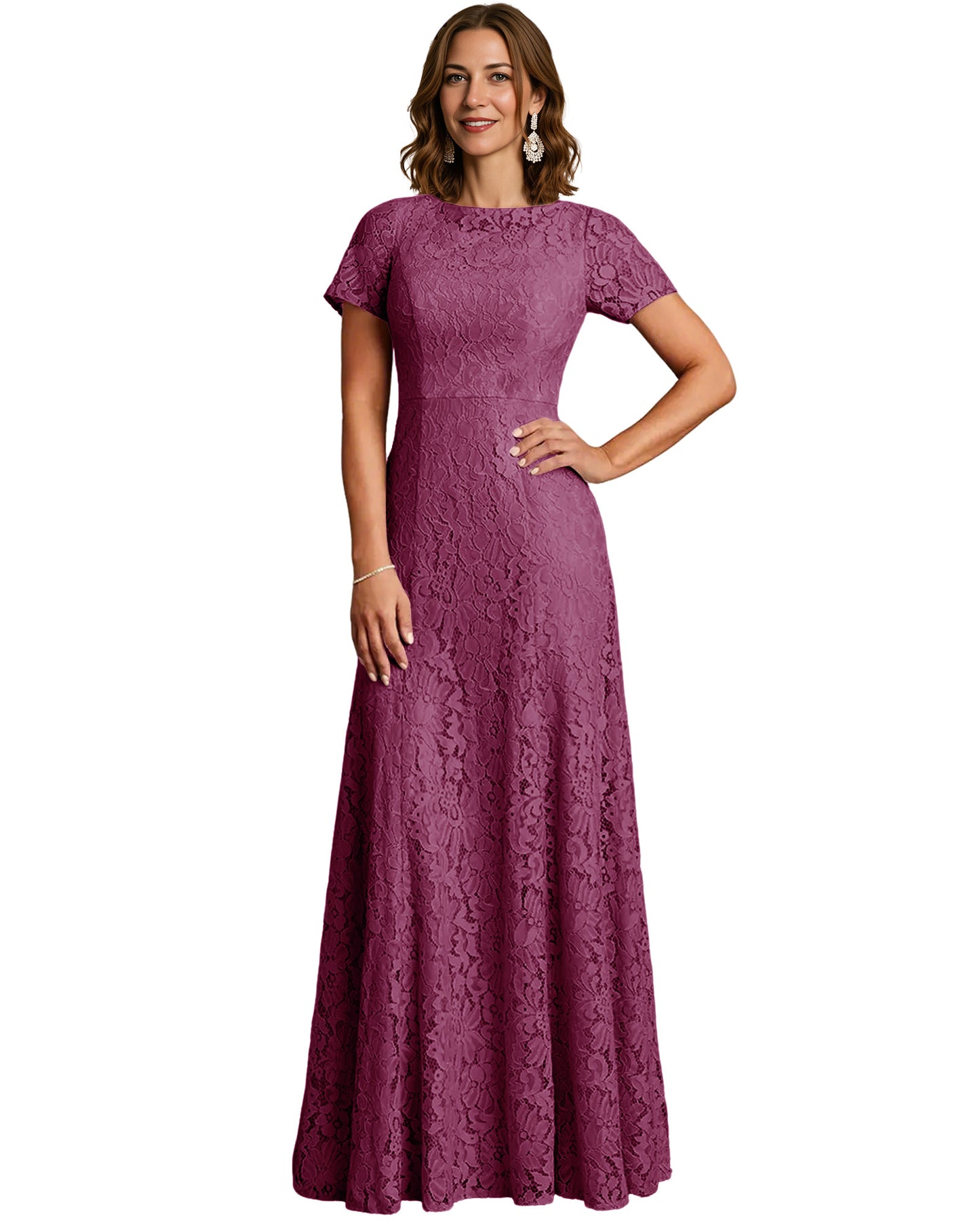Long Lace Mother of the Bride Dress Short Sleeve Mermaid Gown with Crew Neckline