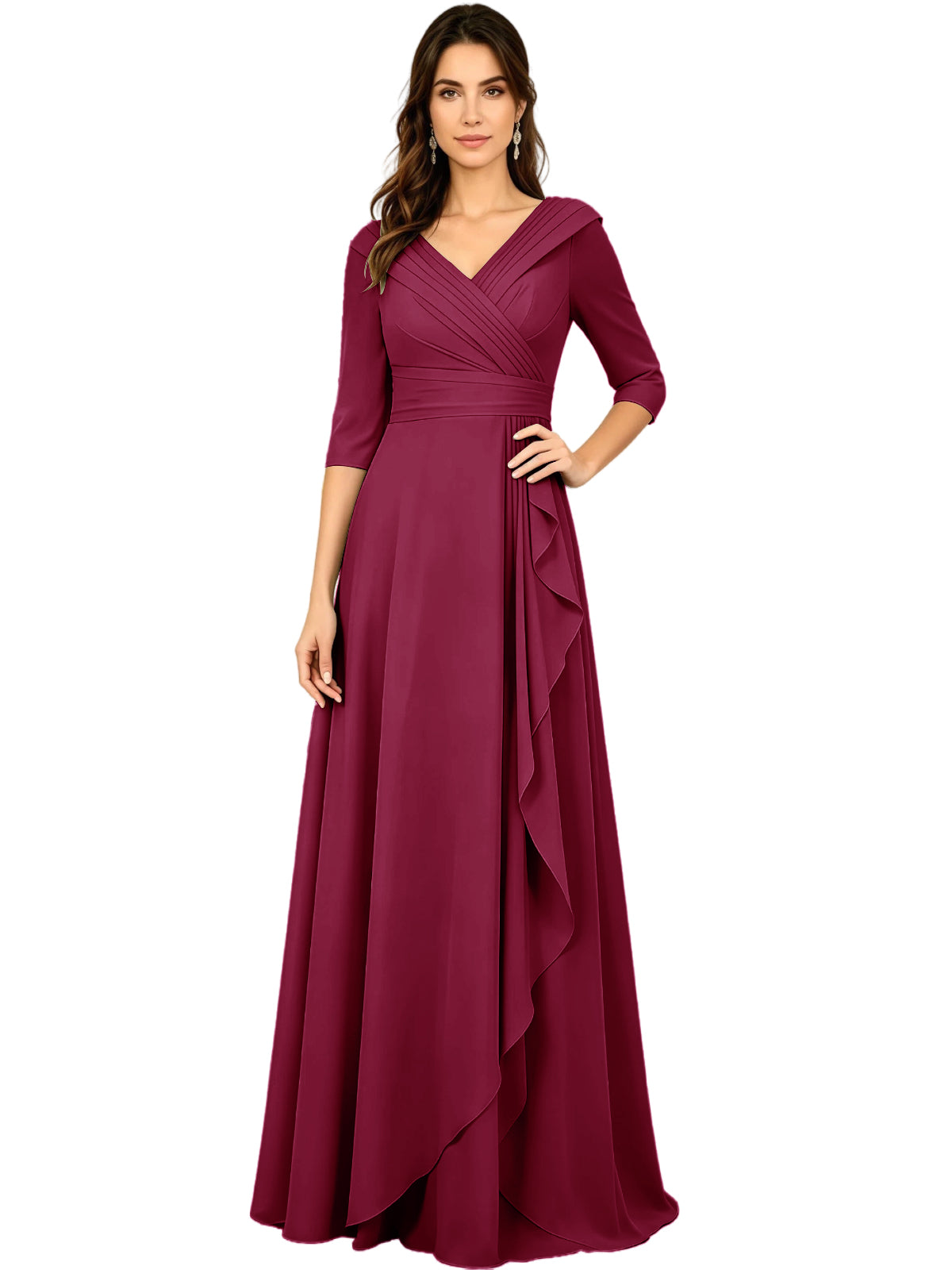 Long V-Neck Mother of the Bride Dress Chiffon Half Sleeve A-Line Gown with Side Ruffle
