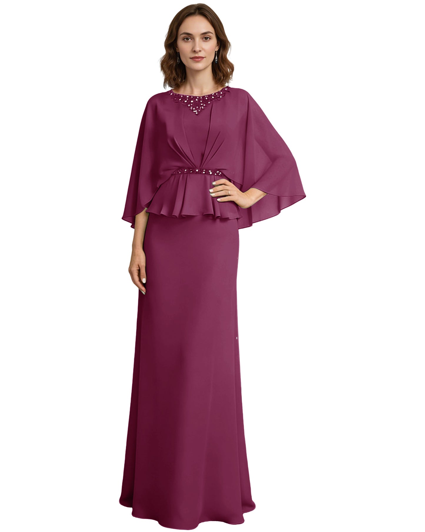 Capelet Mother of the Bride Dress Long Beaded Neck Peplum Chiffon Formal Gown