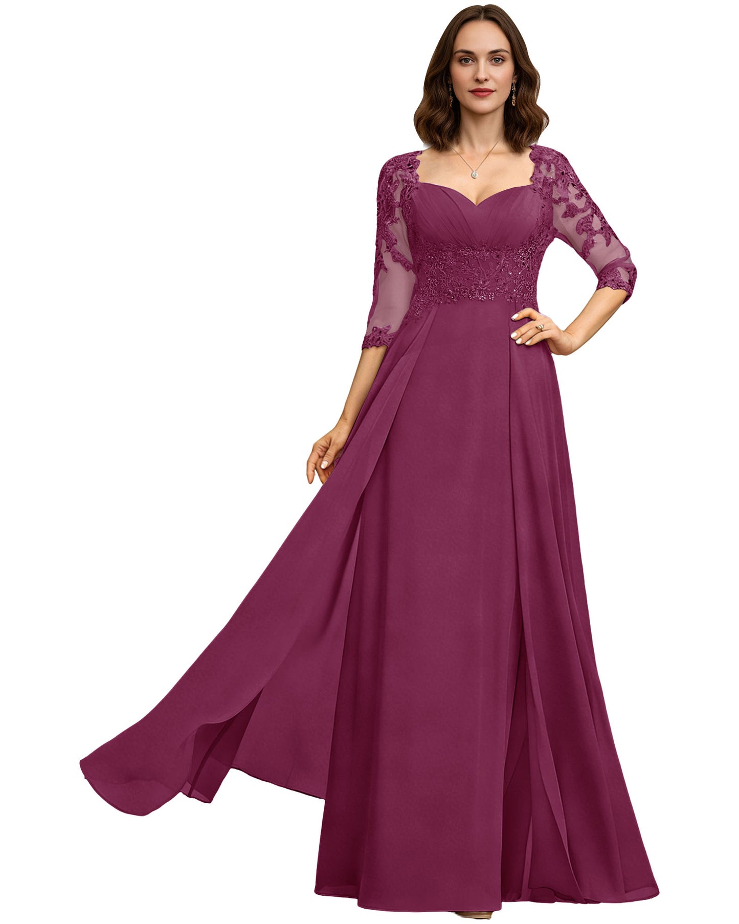Long Sweetheart Mother of the Bride Dress Lace 3/4 Sleeve Chiffon A-Line Gown