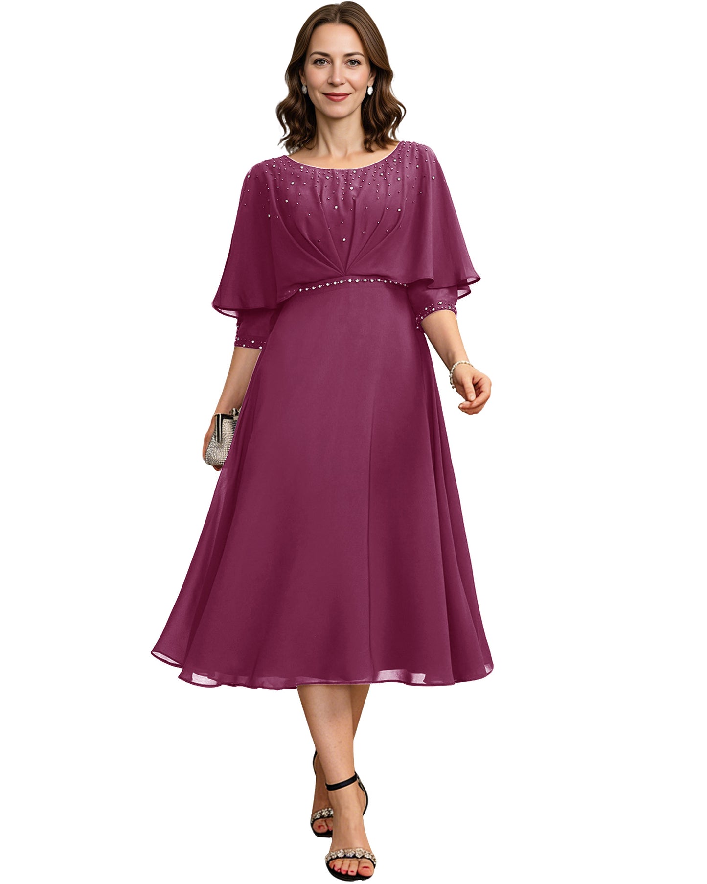 Beaded Cape Mother of the Bride Dress Tea Length Chiffon A-Line Formal Guest Gown