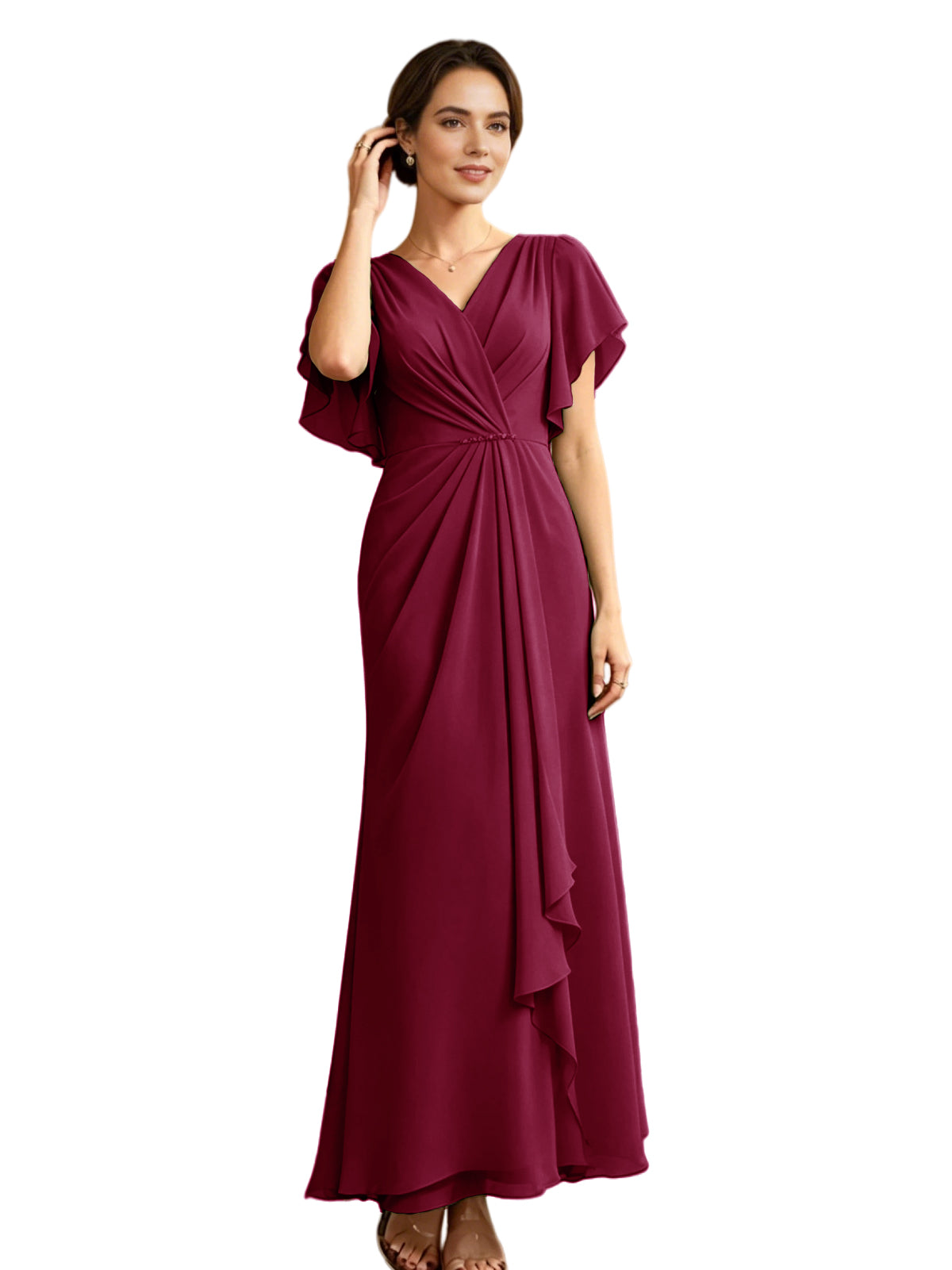 Long Chiffon Mother of the Bride Dress V-Neck Flutter Sleeve A-Line Gown with Beaded Waist