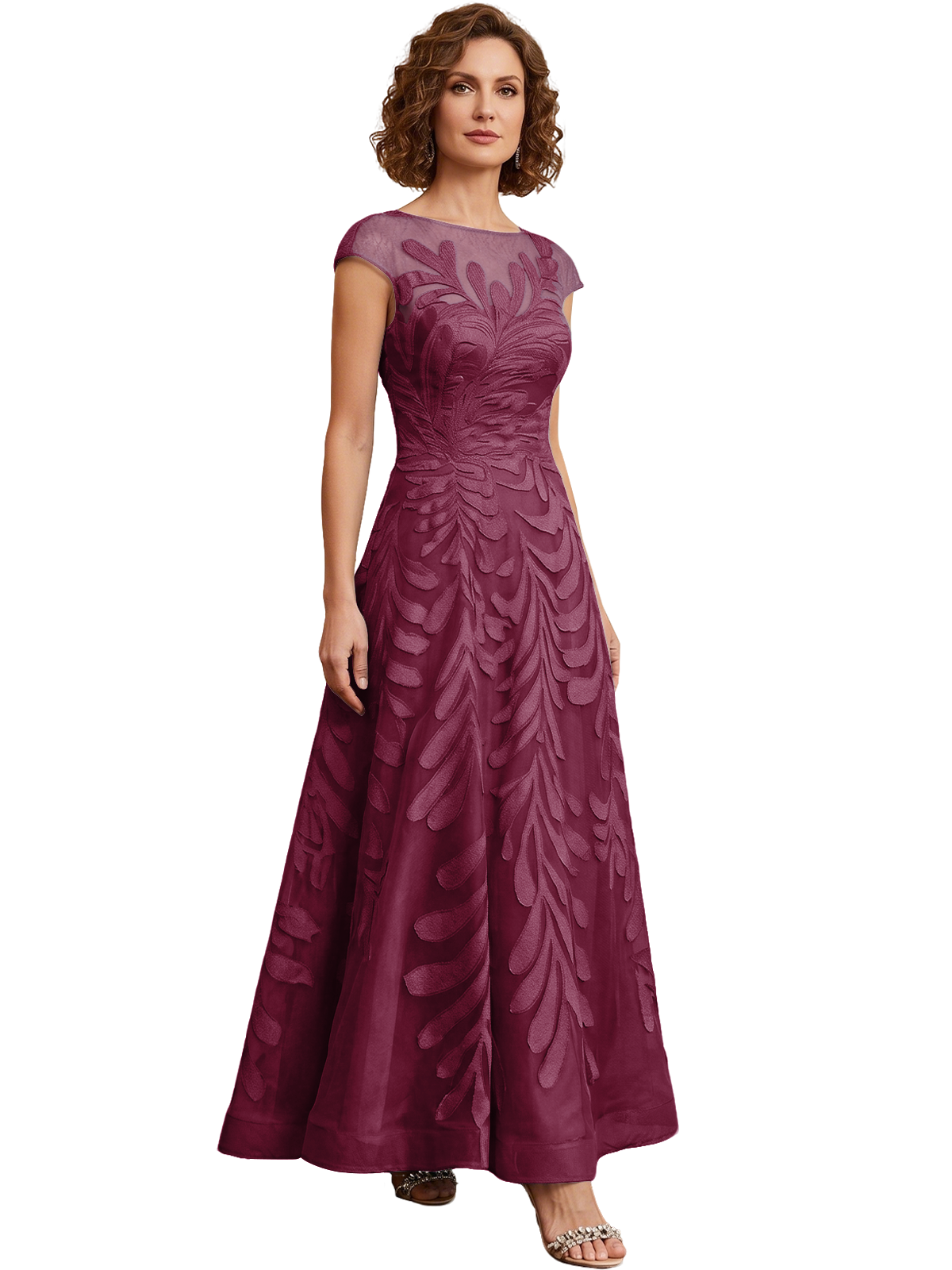Embroidered Tulle Mother of the Bride Dress Long A-Line Gown with Illusion Cap Sleeves