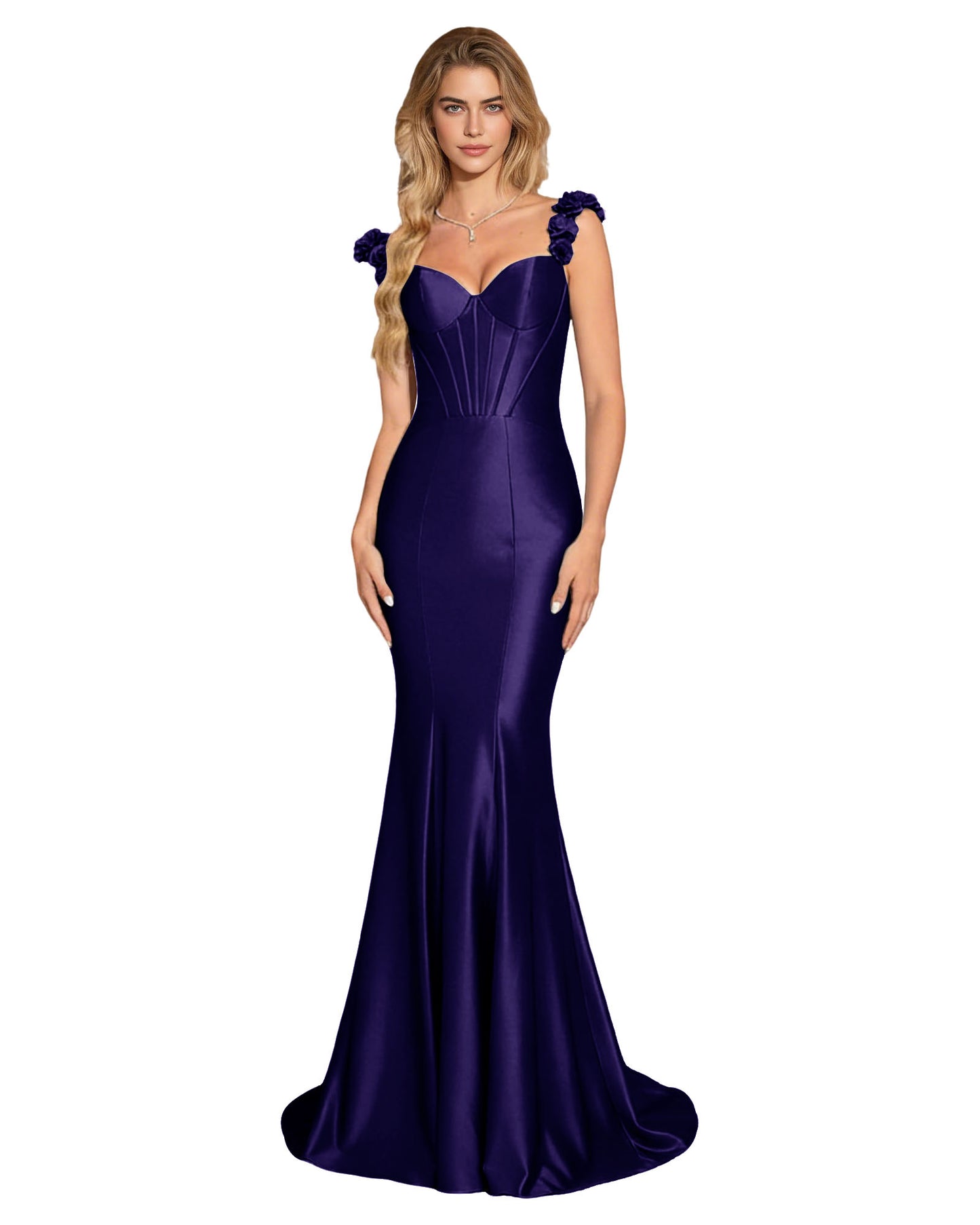 Floral Strap Satin Mermaid Prom Dress with Corset Bodice and Sweep Train