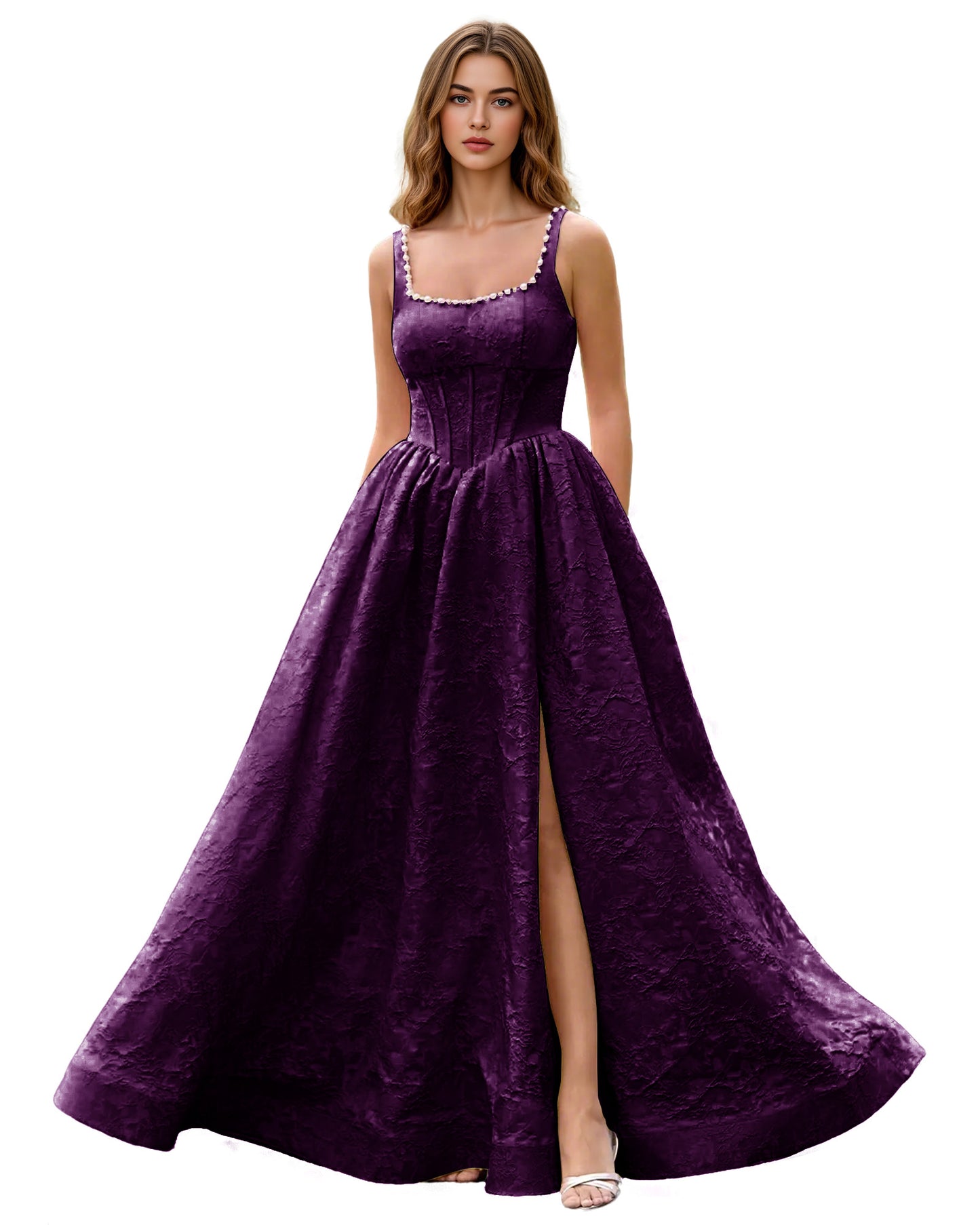Square Neck Jacquard Ball Gown Prom Dress with Wide Straps and Pockets