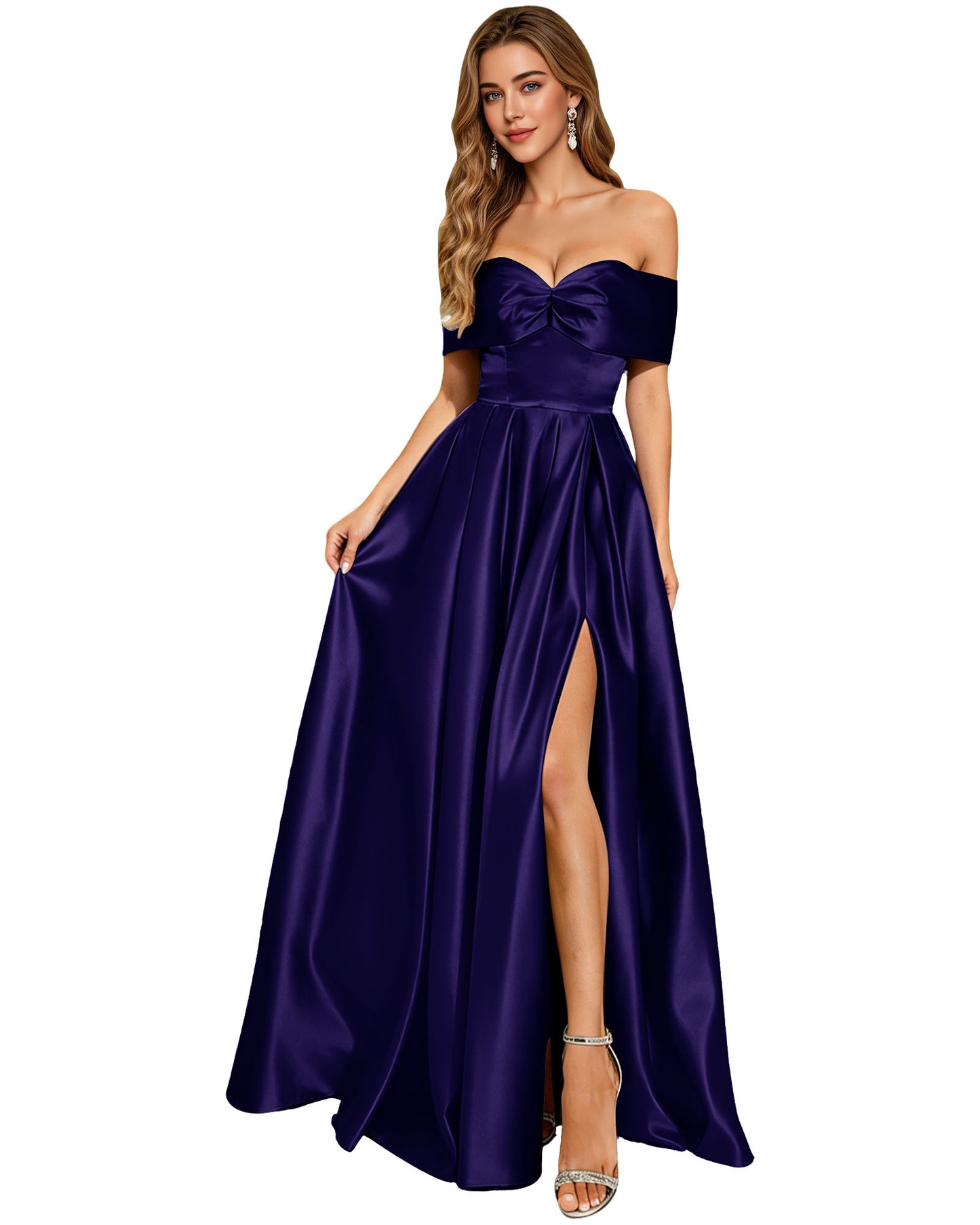 Strapless Bow Satin A-Line Prom Dress with Pleated Bodice and Slit