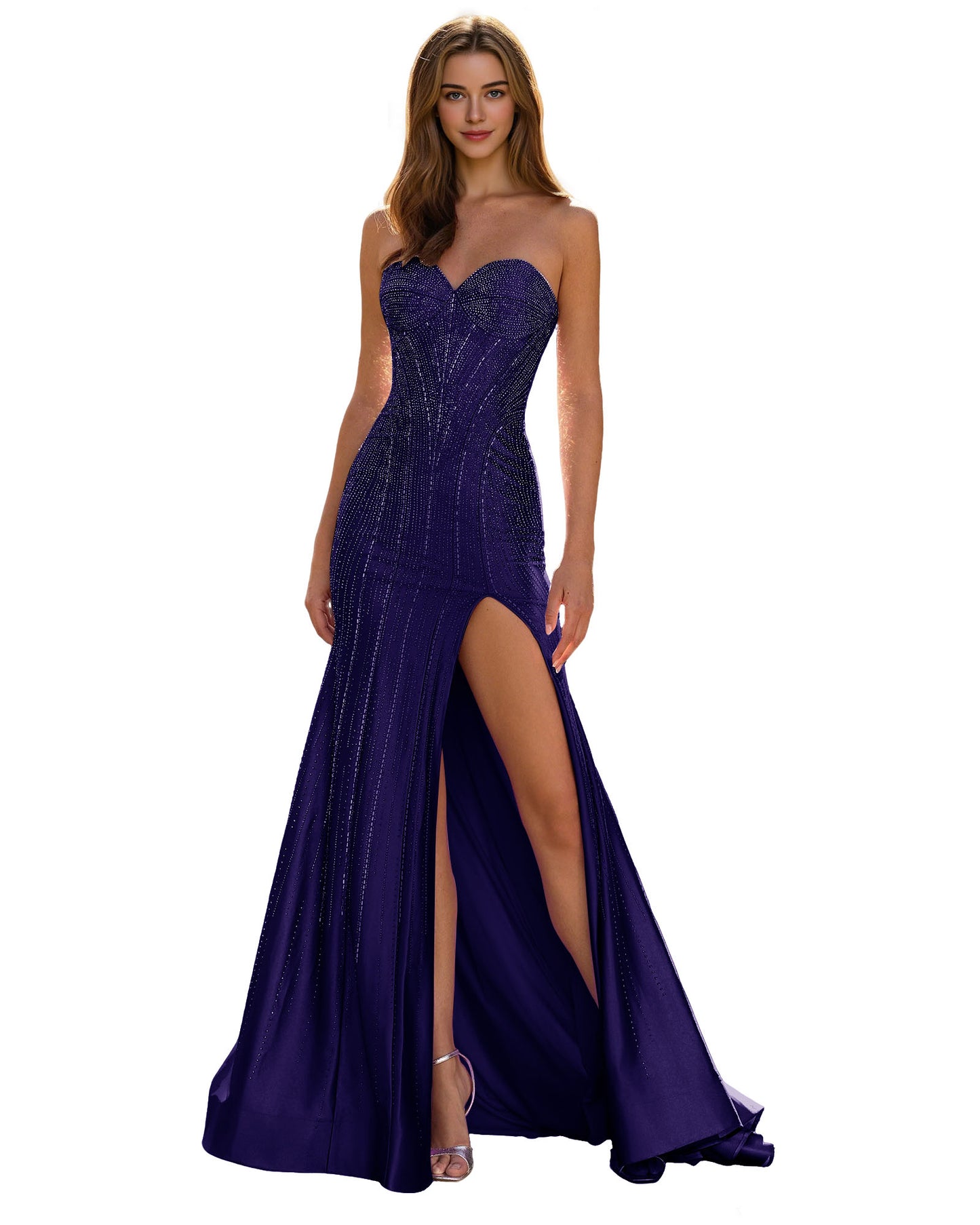 Strapless Sequin Column Prom Dress with Side Slit and Sweep Train
