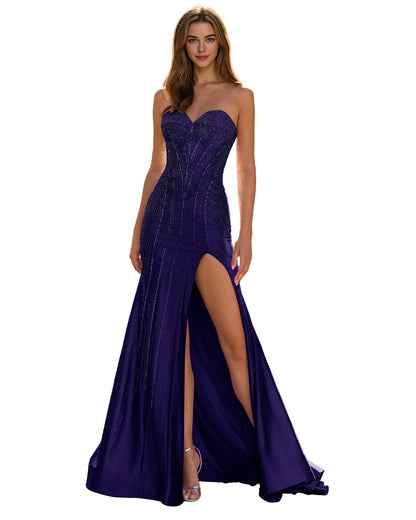 Strapless Sequin Column Prom Dress with Side Slit and Sweep Train