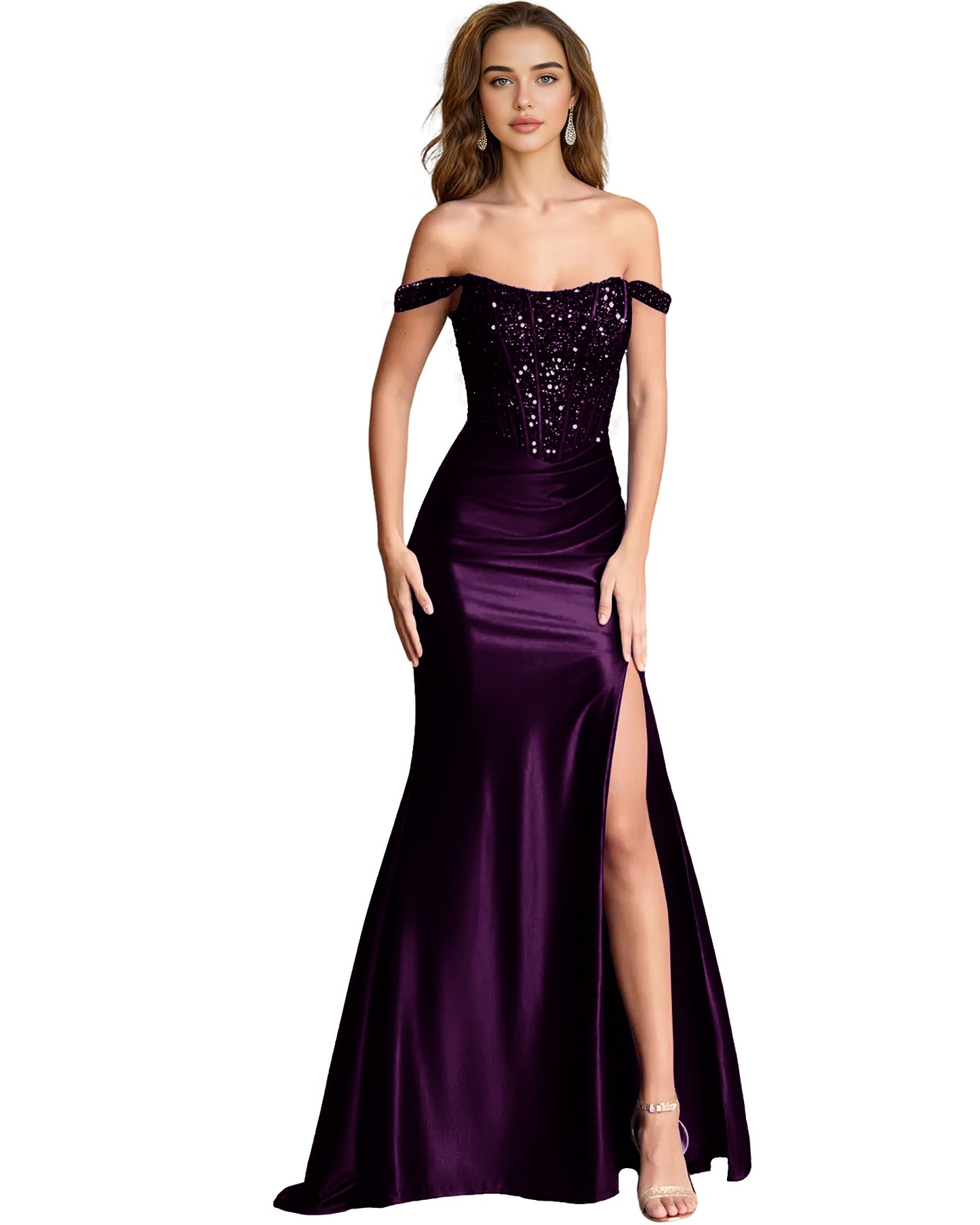 Off Shoulder Sequin Satin Mermaid Dress with Draped dress Slit