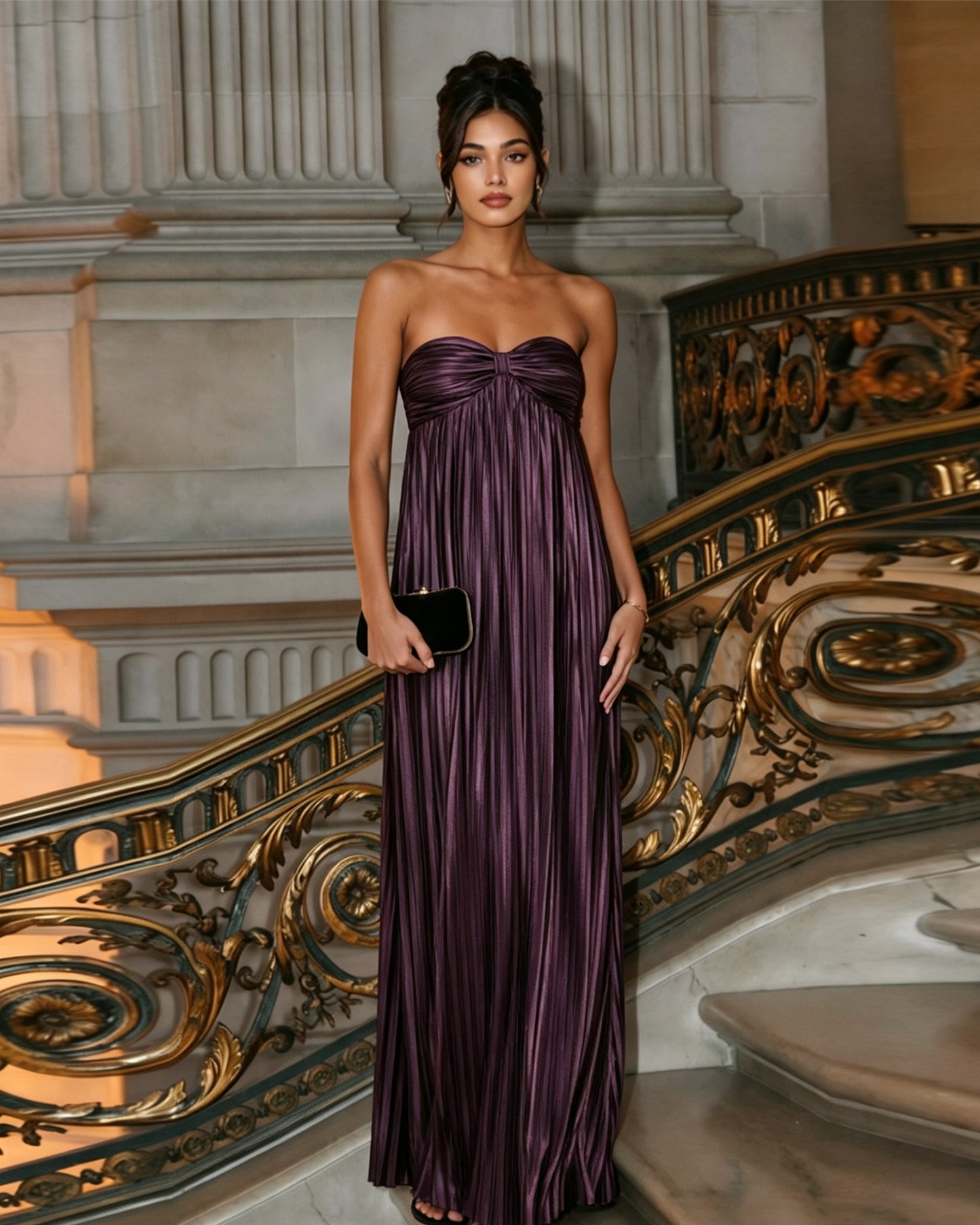 Strapless Pleated Metallic Formal Dress with Sweetheart Bodice
