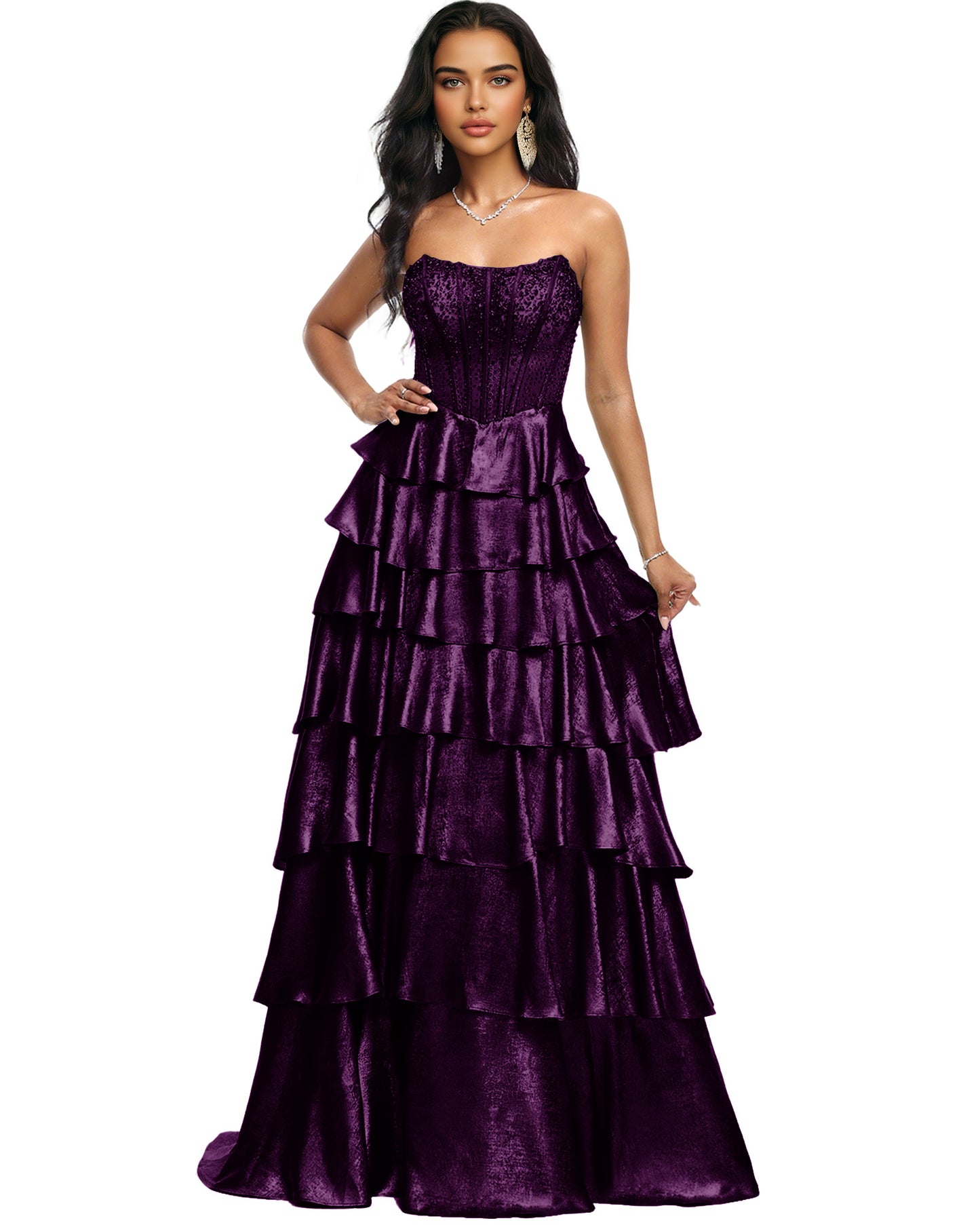 Strapless Tiered Sequin A-Line Prom Dress with Ruffle Layers