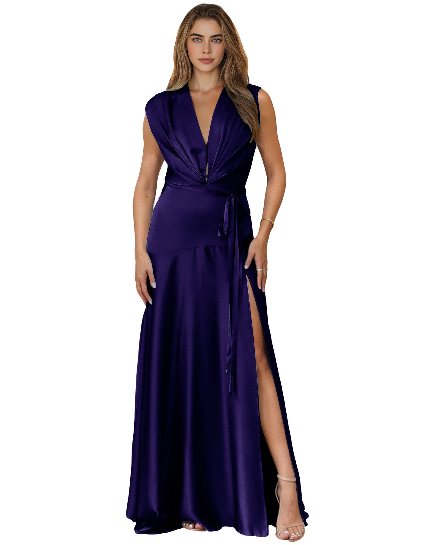 Plunging V-Neck Satin A-Line Prom Dress with Wrap Waist and Slit