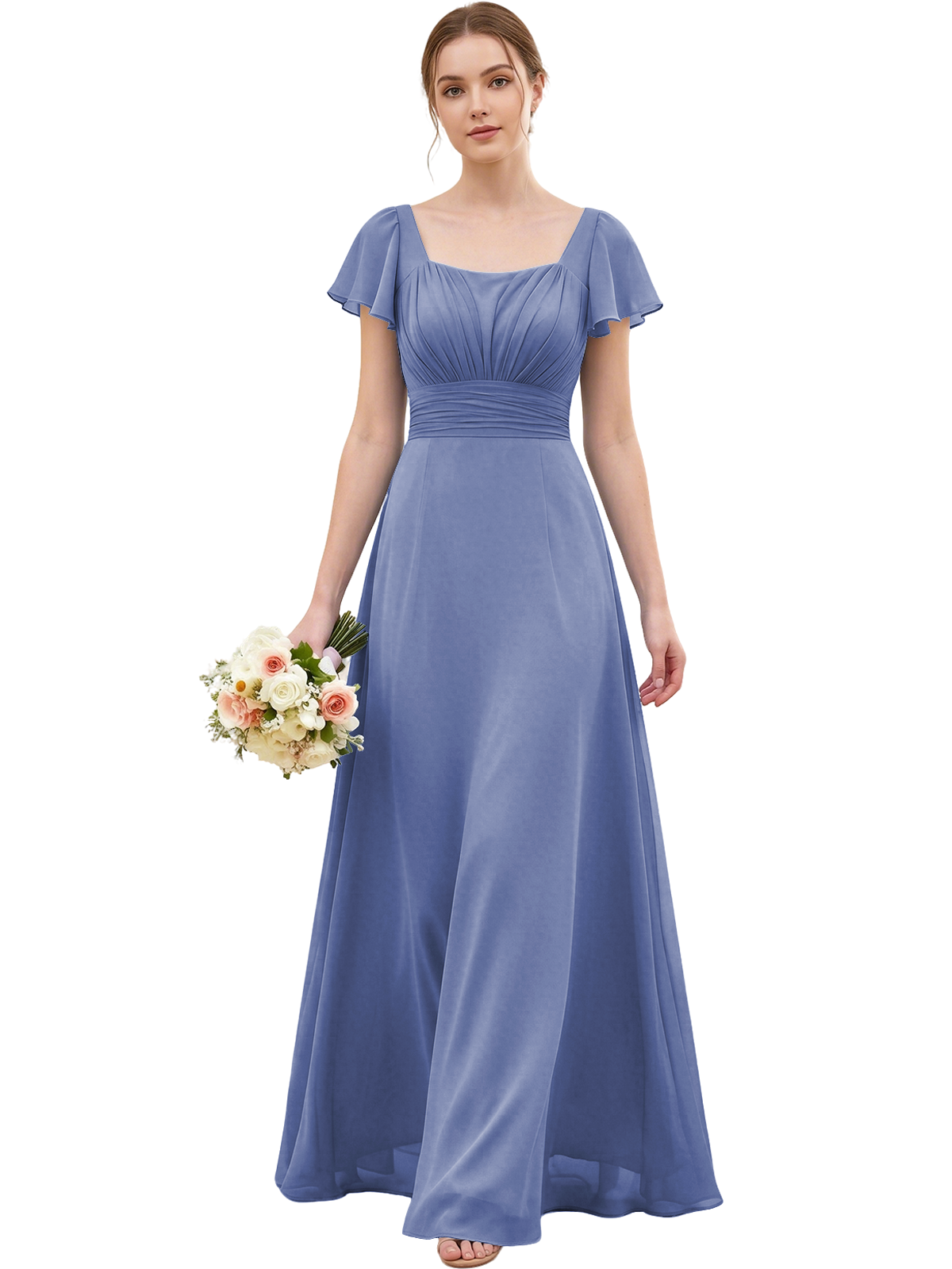 Square Neck Chiffon Bridesmaid Dress with Flutter Sleeves and Lace-Up Back